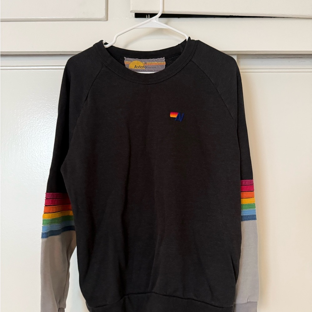 Aviator Nation Charcoal Sweatshirt with Multicolor Stripes